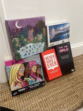 Puzzle & Party Game Bundle (3 Puzzles + 2 Card Games) | Barbie, Holiday, Aurora